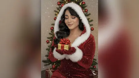 Smiling woman in a red velvet holiday outfit holding a gift box near a festive Christmas tree.