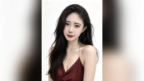 YiyiChen poses with long black hair, wearing a deep red silk camisole against a plain white background.