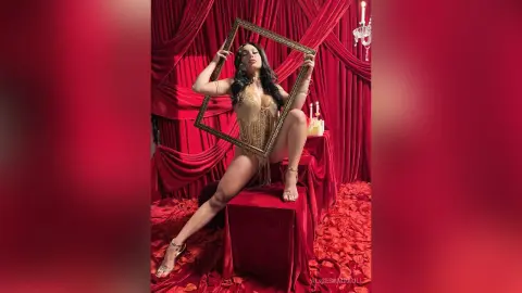 Glamorous woman in a gold sequin bodysuit posing inside a frame against red velvet curtains in a moody setting.