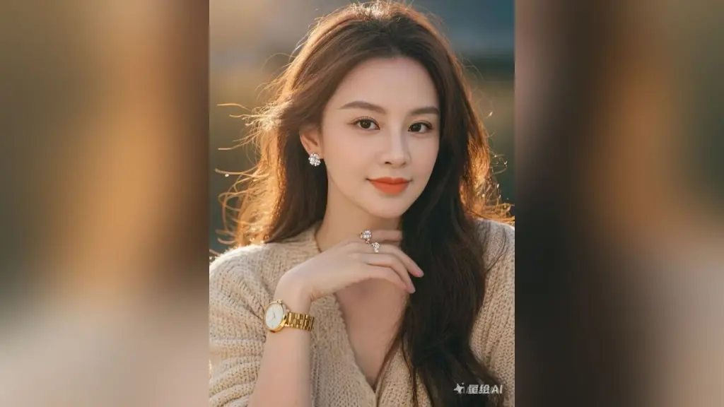 XiaoJuan — XiaoJuan poses with long wavy hair and gold jewelry, wearing a light tan knit top.