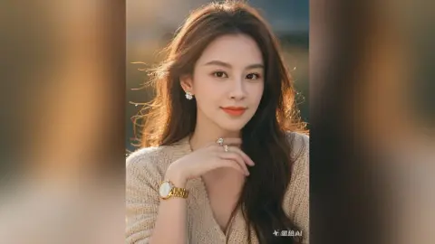 Beautiful woman with long wavy hair wearing a beige knit sweater and gold watch in soft sunlight.