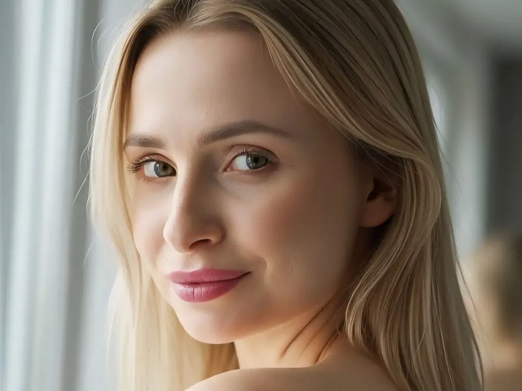 Close-up portrait of a smiling blonde woman with natural makeup in soft, bright indoor lighting.