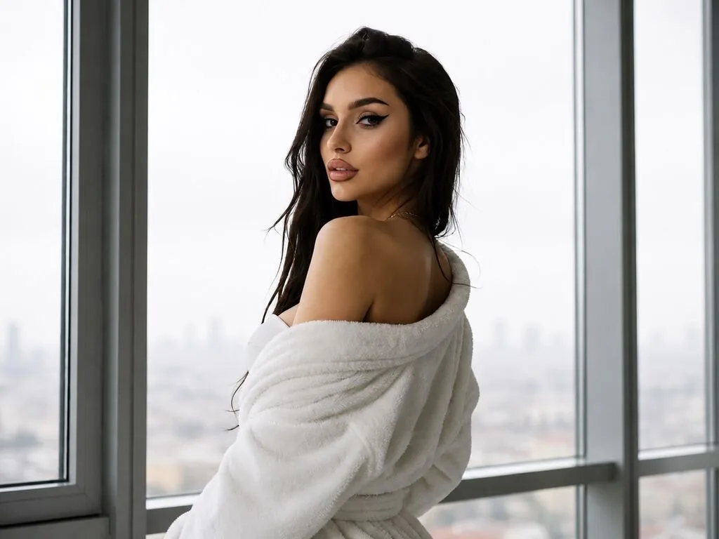 RoxAnne poses by a large window in a white fluffy robe, looking over her shoulder with long dark hair.