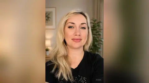 Smiling blonde woman in a black t-shirt posing in a bright, cozy indoor setting.