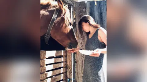 Young woman in a grey tank top feeding a brown horse in a rustic wooden stable during a peaceful afternoon.