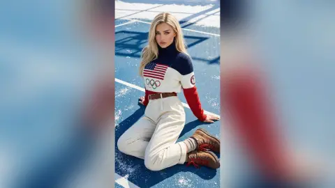 Blonde woman in a red, white, and blue patriotic sweater and cream trousers sitting on a blue court.