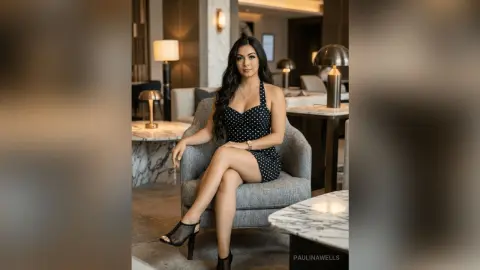 Elegant woman in a black polka dot mini dress sitting in a luxury hotel lounge setting.
