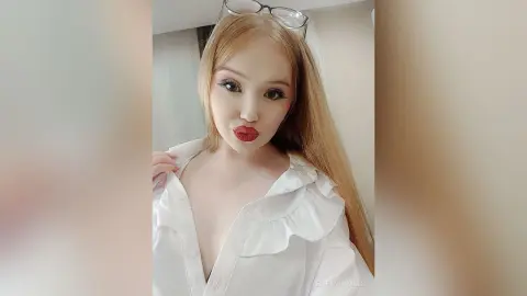 Blonde woman in a white ruffled blouse making a playful pouty face in a bright indoor setting.