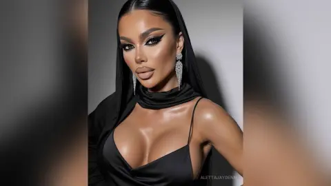 Glamorous woman in a black satin dress and silver earrings posing with elegant makeup against a gray background.