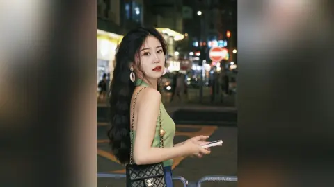 Young woman in a green sleeveless top holding a phone on a city street at night.