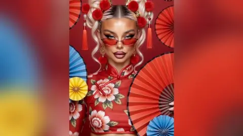 Glamorous woman in floral red cheongsam and red sunglasses posing with colorful folding fans.