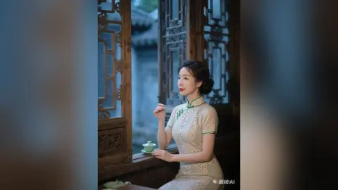 Elegant woman in a white vintage cheongsam sitting by a traditional wooden window enjoying tea in a serene setting.