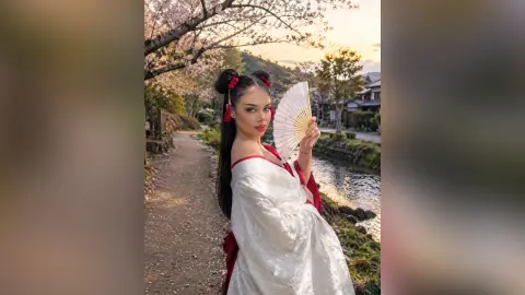 IngridSaint poses outdoors by a river wearing a white and red kimono while holding a paper fan under cherry blossom trees.