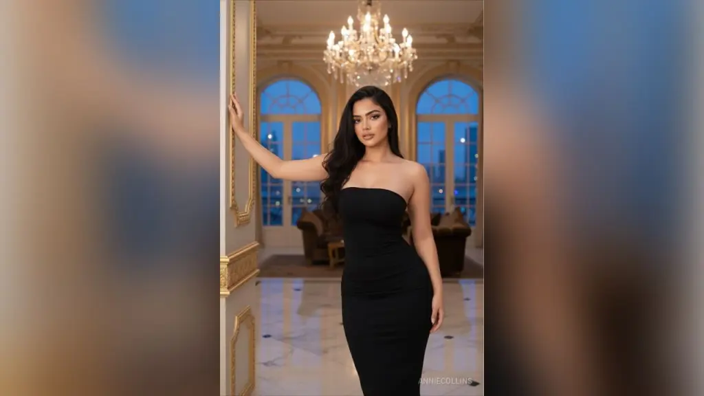 AnnieCollins โ Elegant woman in a black strapless evening gown posing in a luxurious gold-accented room with a chandelier.