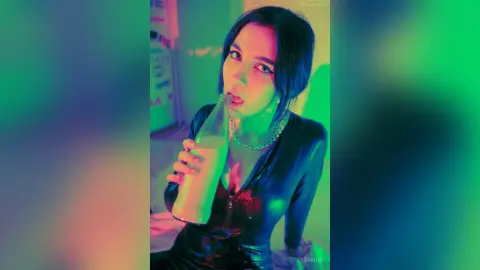 Young woman in a black satin outfit drinking from a glass bottle under moody teal and pink neon lighting.