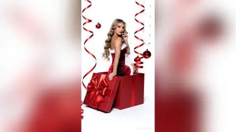 Glamorous woman in a red velvet Santa outfit sitting in a giant gift box amidst festive red ornaments.