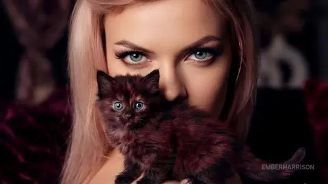 Blonde woman with blue eyes holding a small dark brown kitten in a moody, close-up portrait.