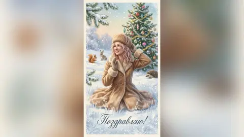 Smiling woman in a tan winter coat and hat sitting in a snowy forest with a decorated Christmas tree and animals.