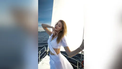 BellaClife — BellaClife poses on a sailboat in a white crop top and skirt under the bright sun.