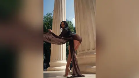 NicoleBella stands between large stone columns wearing a sheer black mesh bodysuit that drapes down her legs.