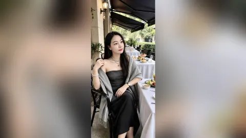 CelesteQi — CelesteQi sits at an outdoor restaurant table wearing a black dress and a grey shawl.