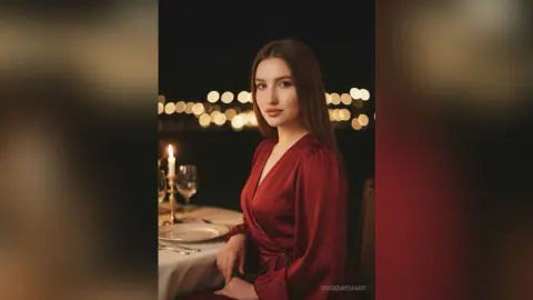 Elegant woman in a red satin dress sitting at a candlelit dinner table with a romantic evening mood.