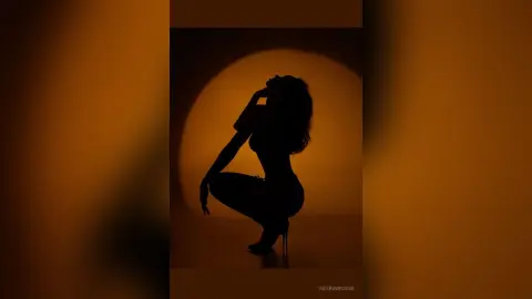 Silhouette of a woman in a stylish outfit posing against a warm orange circular backlight in a moody studio setting.