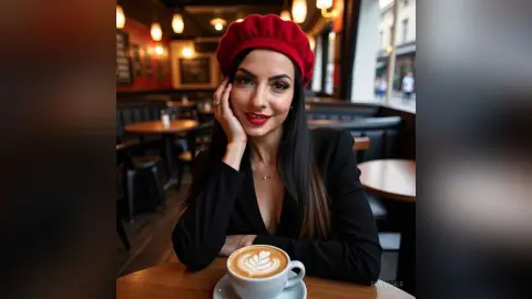 Elegant woman in a black outfit and red beret enjoying coffee in a cozy cafe setting.