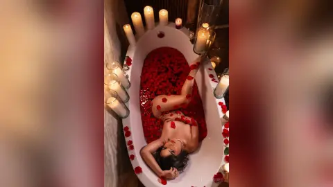 Romantic woman relaxing in a rose petal filled bathtub surrounded by glowing candlelight.