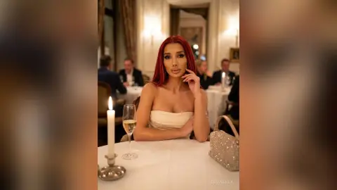 DeviNessa sits at a white dining table wearing a strapless cream dress, posing with one hand near her face next to a lit candle and glass of white wine.