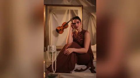 Elegant woman in a brown satin dress sitting on a bed in a moody, dimly lit room with a vintage aesthetic.