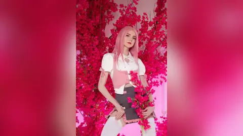 Young woman with pink hair in a white and pink outfit posing amidst vibrant pink bougainvillea flowers.