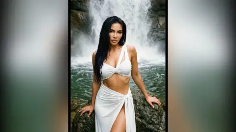 Beautiful woman in a white bikini and wrap skirt posing by a tropical waterfall in a serene natural setting.