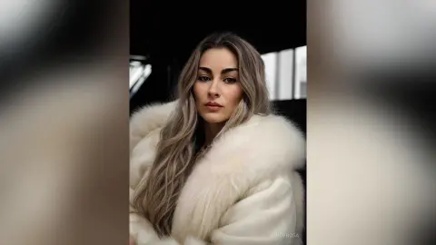 Elegant woman with long blonde hair wearing a luxurious white faux fur coat in a moody indoor setting.