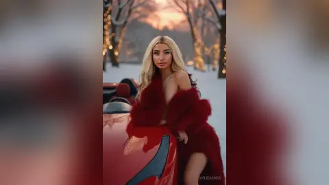 Blonde woman in a red faux fur coat leaning on a red convertible in a snowy winter forest setting.