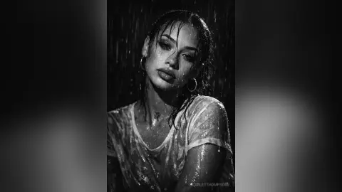 Moody black and white portrait of a wet-haired woman in a white t-shirt standing in the rain.