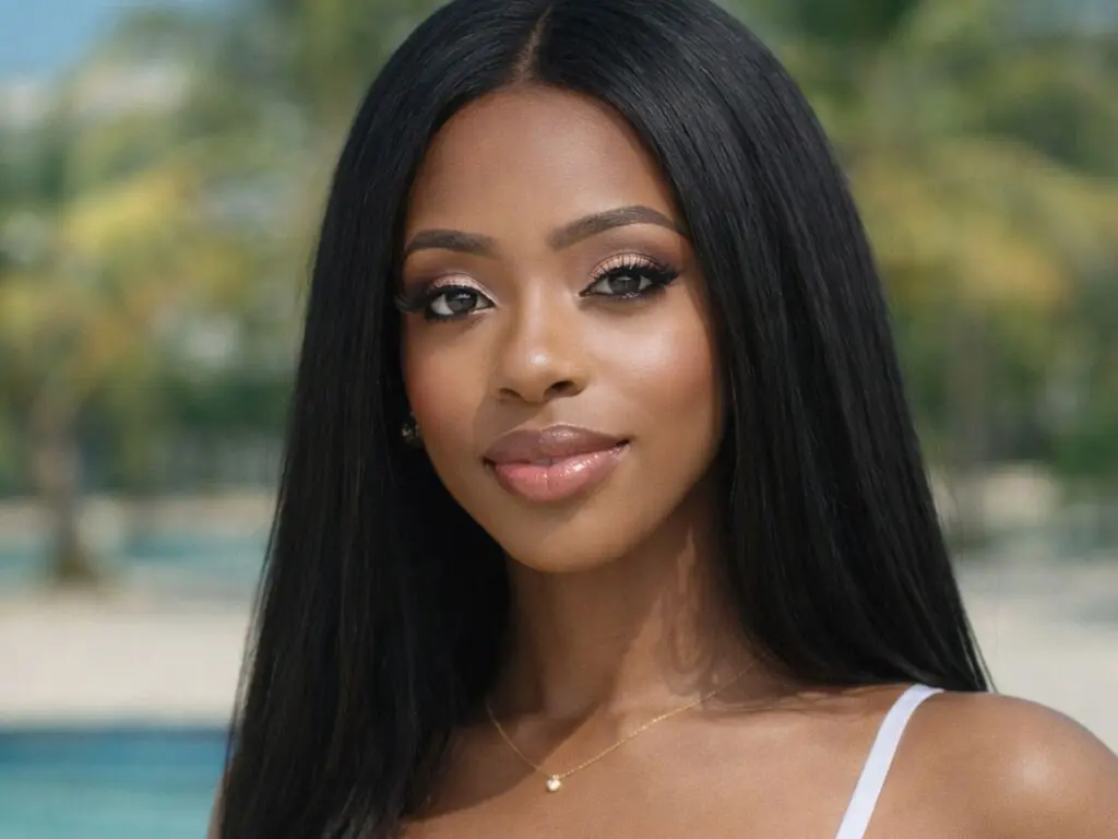 Beautiful Black woman with long straight hair and glowing makeup smiling in a sunny tropical outdoor setting.