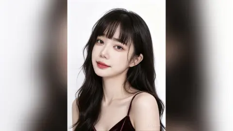 Portrait of a young woman with long dark hair and bangs wearing a black velvet top against a white background.