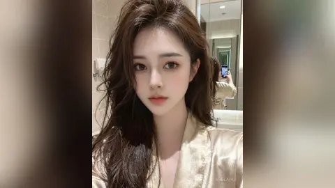 AgelaHui poses for a mirror selfie wearing a light gold satin robe with her long brown hair styled in loose waves.