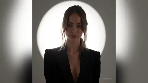 Elegant woman in a black blazer posing against a soft circular backlight in a moody studio setting.