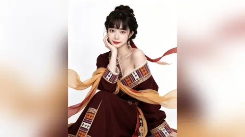 Elegant woman in traditional maroon Hanfu with gold embroidery posing gracefully against a white background.