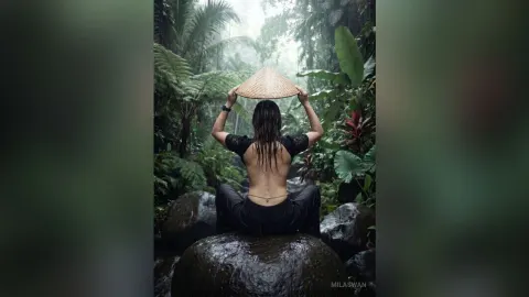 MilaSwan — MilaSwan sits on a wet rock in a tropical jungle, wearing a black crop top and holding a conical straw hat over her head.