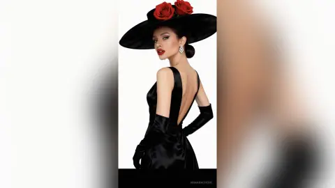 Elegant woman in a black satin gown and wide-brimmed floral hat posing against a white background.