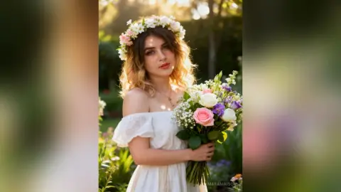 Young woman in white sundress wearing flower crown holding bouquet in a sunny garden setting.