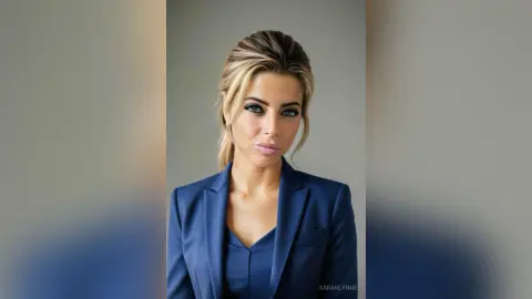 Blonde woman in a professional navy blue blazer posing with a confident expression against a neutral background.