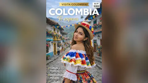 Smiling young woman in traditional Colombian floral dress standing in a colorful colonial village street.
