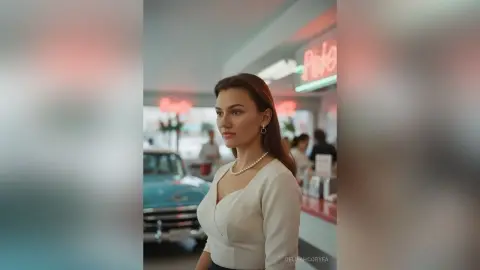 Elegant woman in a white blouse posing thoughtfully in a modern cafe with neon lighting.