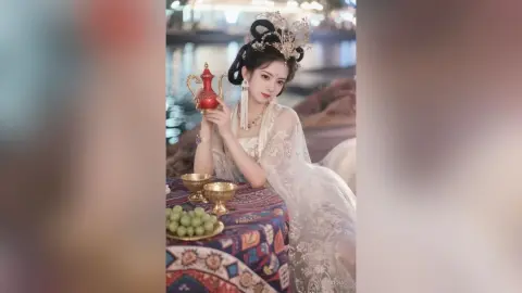 Elegant woman in traditional white Hanfu holding a red teapot by a lake at twilight.