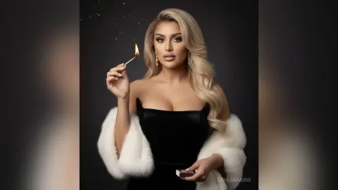 Glamorous blonde woman in a black velvet dress and white fur stole holding a lit match against a dark background.