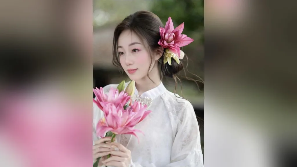feier — feier wears a white lace blouse and holds pink lilies in her hands while looking away.